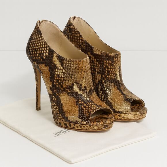 Jimmy Choo Glint Snake Print Leather Peep Toe Heels Size 7 - Picture 7 of 13